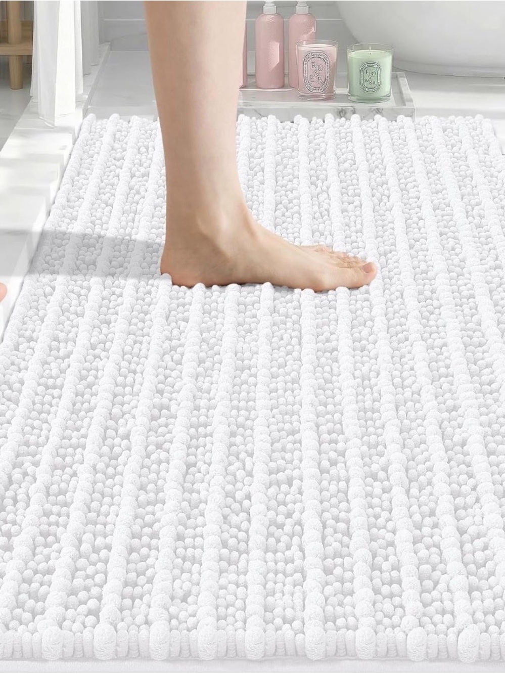 NWT Plush White Chenille Bath Mat - Soft Anti-Slip Bathroom Rug 30x20